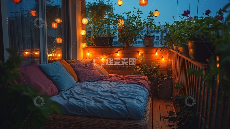 高清大图下载【趣麦麦图】舒适的阳台夜晚场景