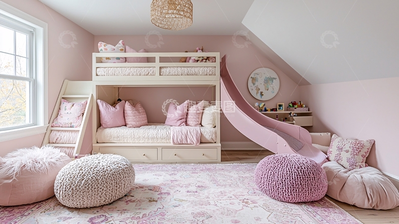 高清大图下载【趣麦麦图】粉色系儿童房带滑梯