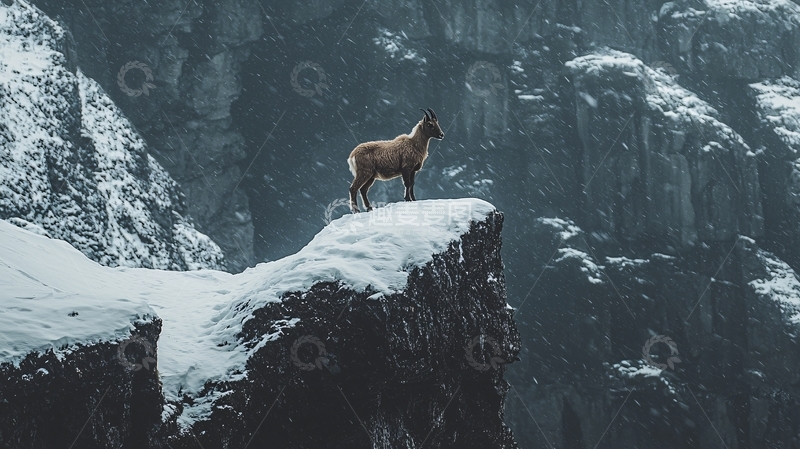 高清大图下载【趣麦麦图】冰雪山崖上的孤独绵羊