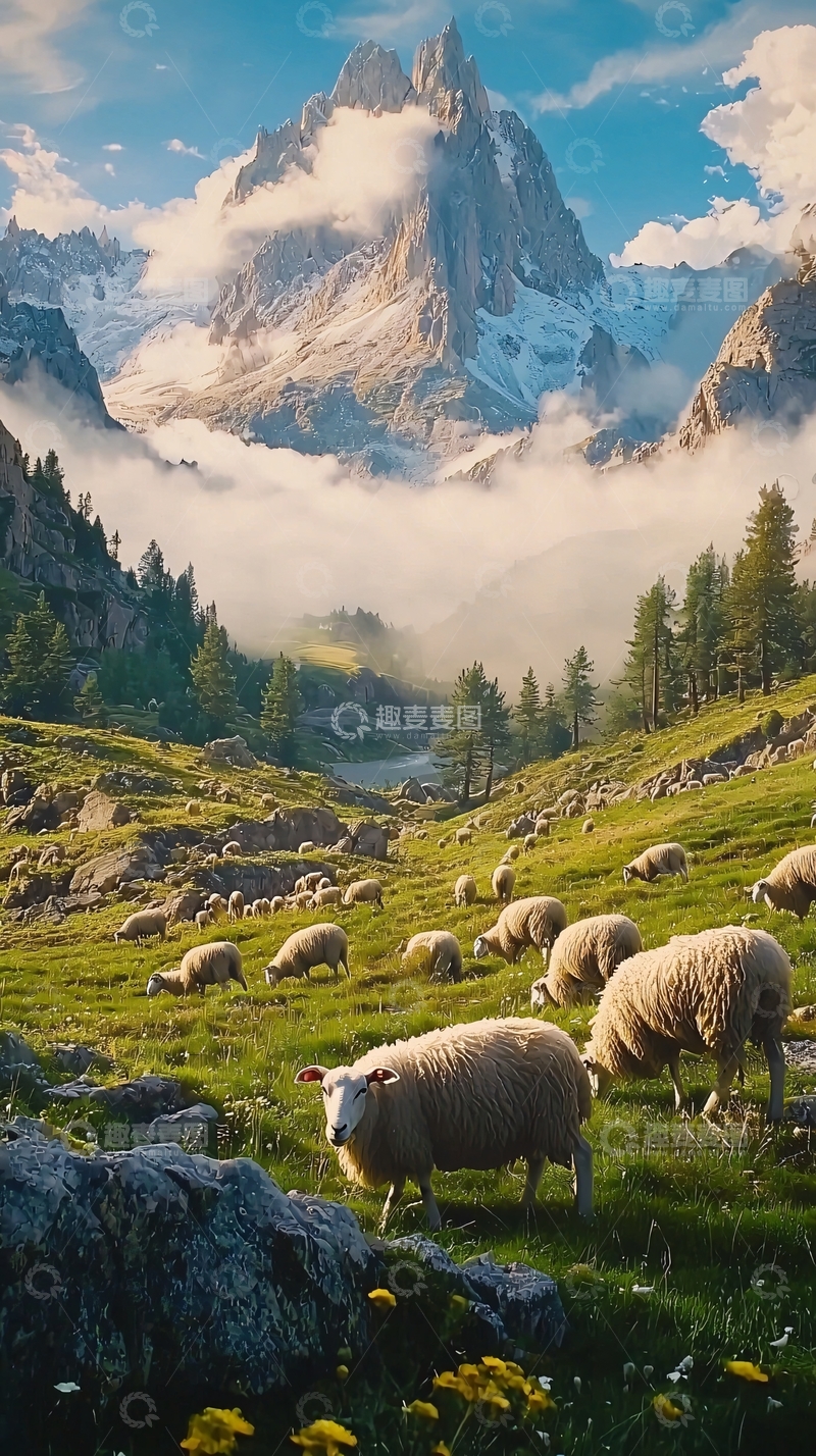 高清大图下载【趣麦麦图】山峰云海绵羊牧场
