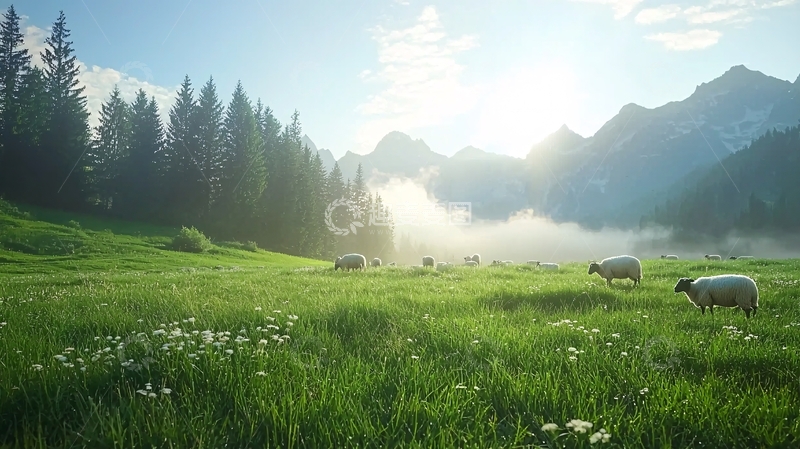 高清大图下载【趣麦麦图】清晨山峦间绿草如茵的羊群