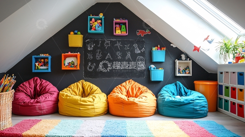 高清大图下载【趣麦麦图】阁楼游戏室彩色豆袋椅