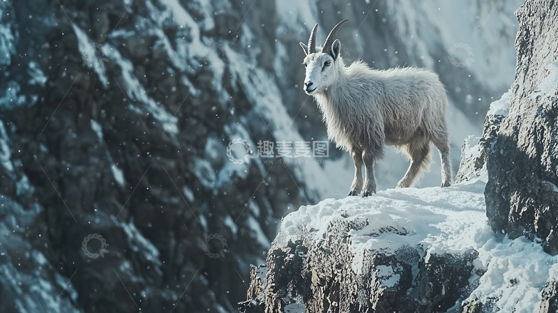 高清大图下载【趣麦麦图】雪山上的白色山羊