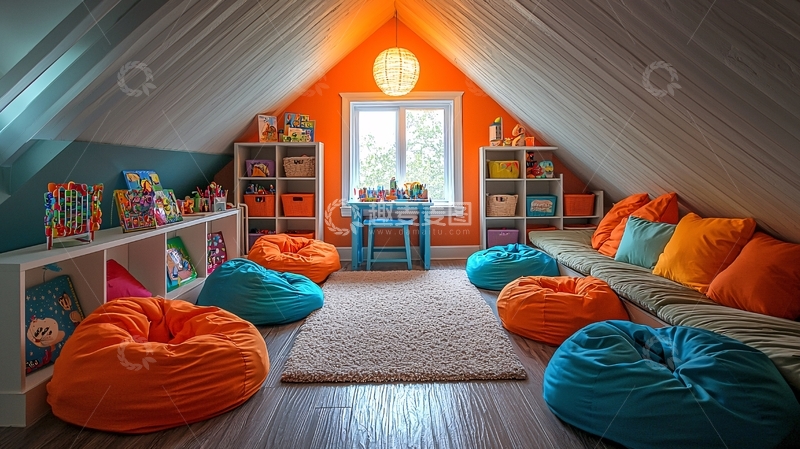 高清大图下载【趣麦麦图】阁楼儿童房色彩鲜艳