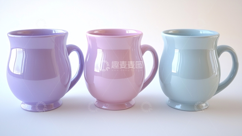 高清大图下载【趣麦麦图】三只不同颜色陶瓷马克杯