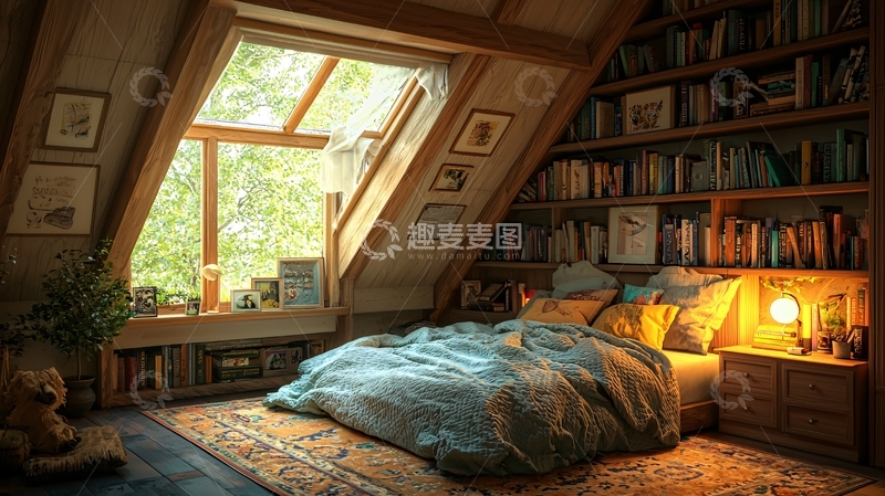 高清大图下载【趣麦麦图】温馨阁楼卧室阳光洒落