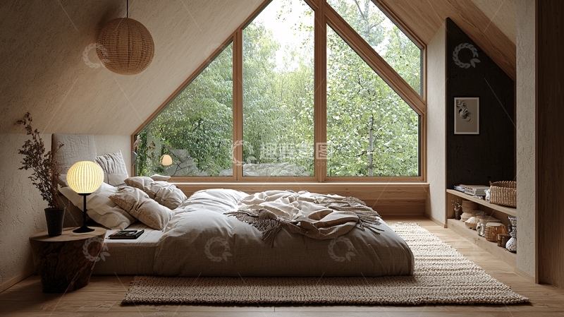 高清大图下载【趣麦麦图】阁楼卧室大窗户森林景观