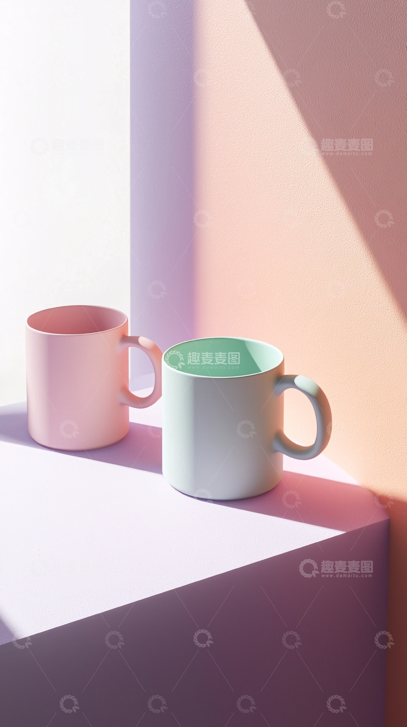 高清大图下载【趣麦麦图】光影下的粉色和薄荷绿马克杯