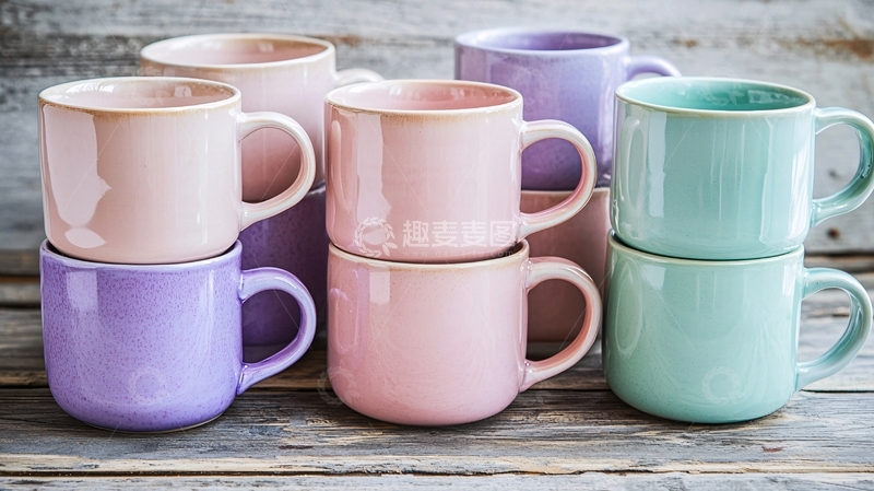 高清大图下载【趣麦麦图】堆叠的彩色陶瓷马克杯