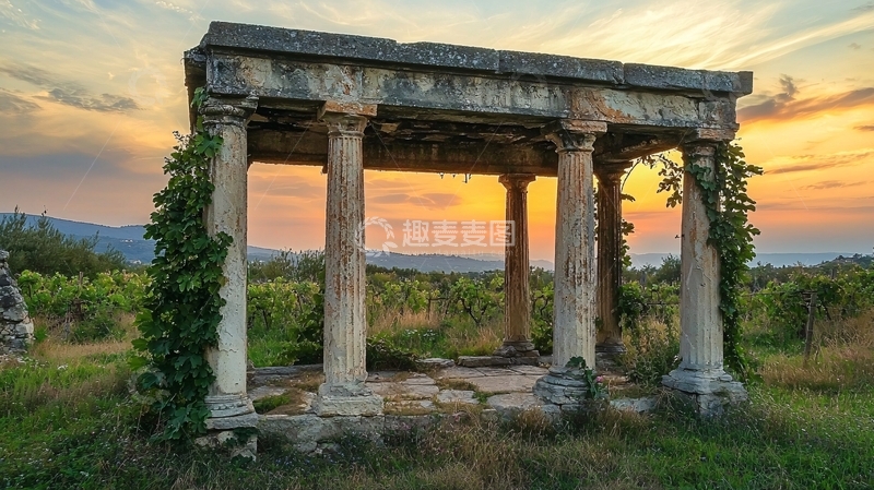 高清大图下载【趣麦麦图】夕阳下的古希腊石柱建筑