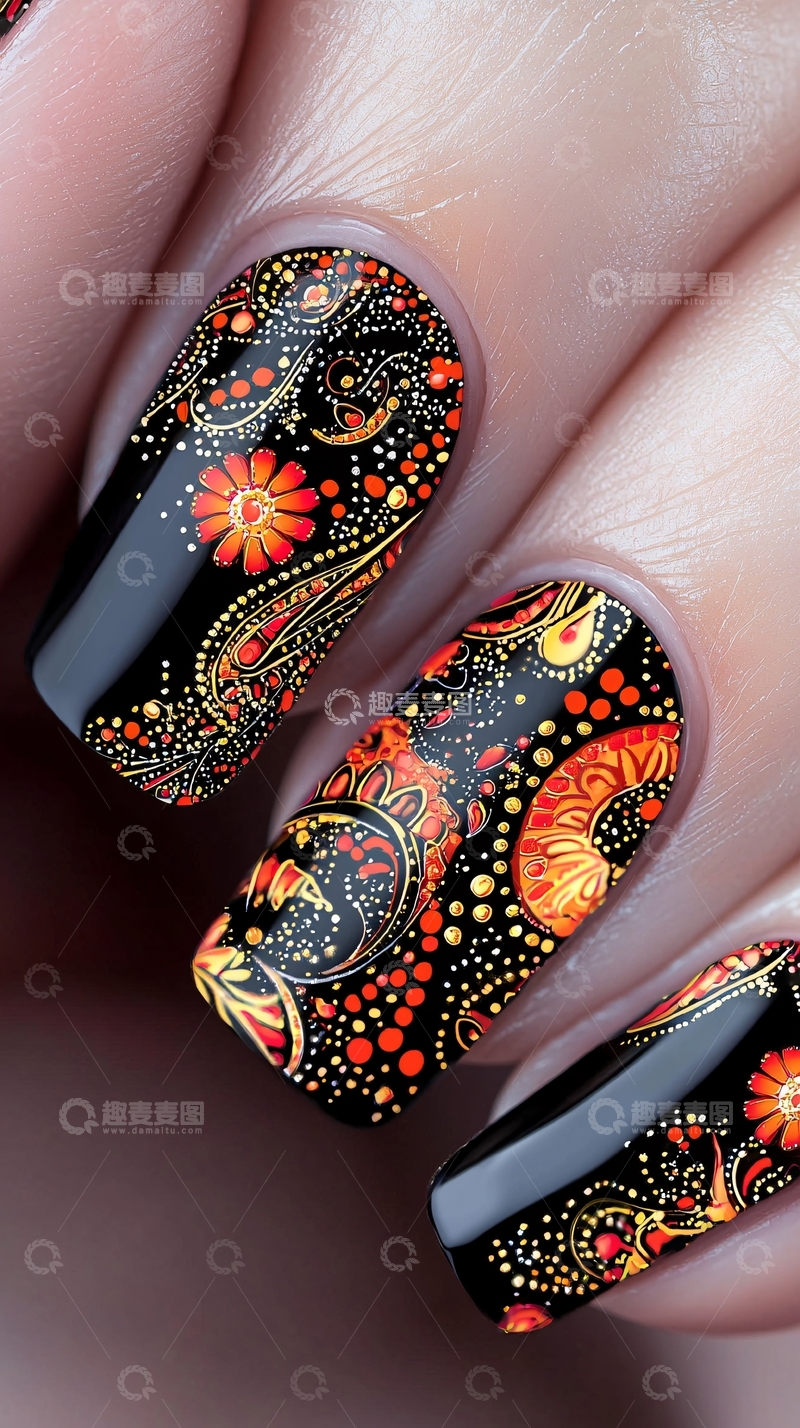 高清大图下载【趣麦麦图】黑色底纹橙色花纹美甲