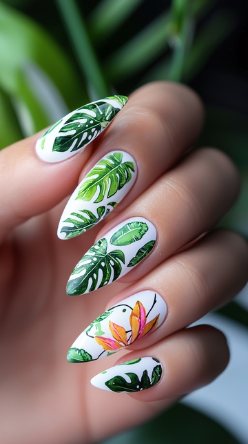 白色尖指甲绿叶图案