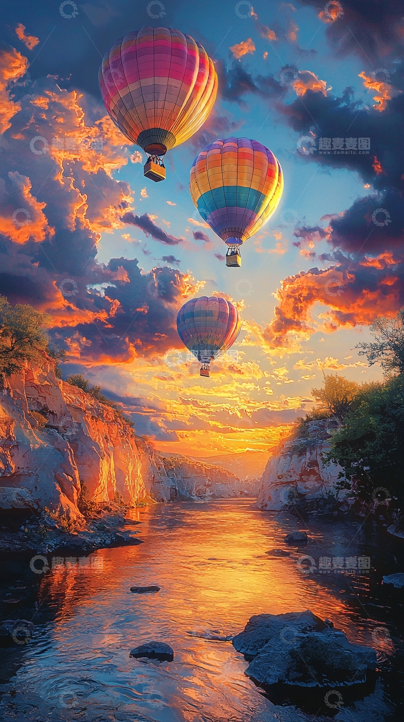 高清大图下载【趣麦麦图】夕阳热气球峡谷河流