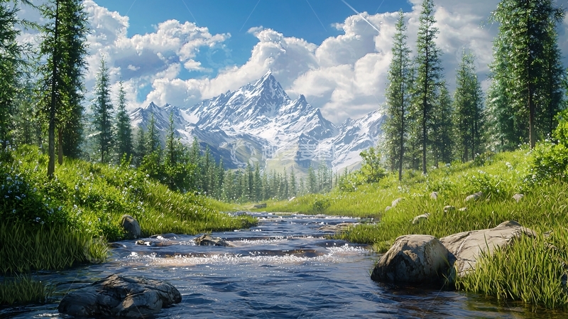 高清大图下载【趣麦麦图】雪山溪流森林美景