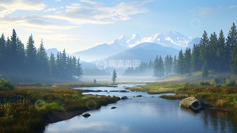 高清大图下载【趣麦麦图】清晨雾气山脉河流