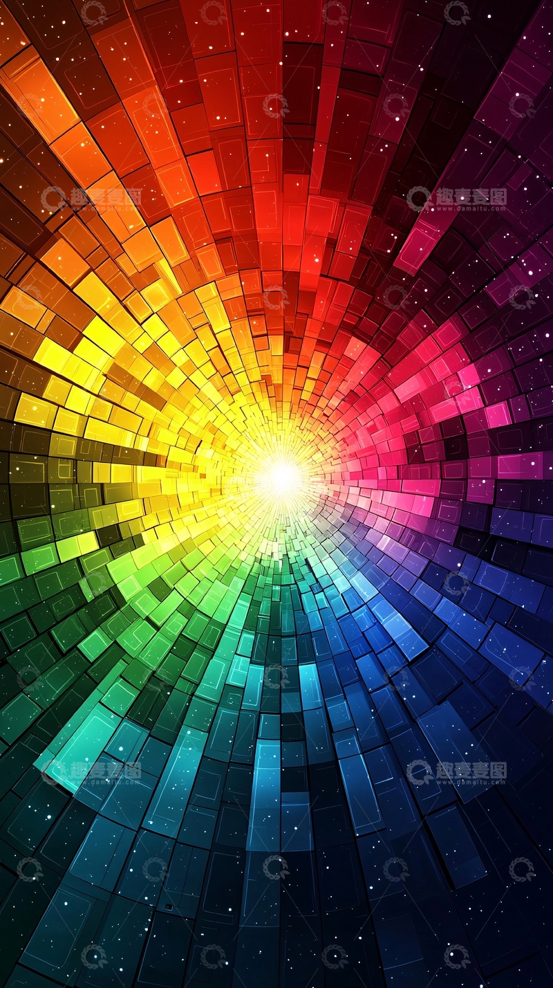 高清大图下载【趣麦麦图】彩色方块汇聚发光中心