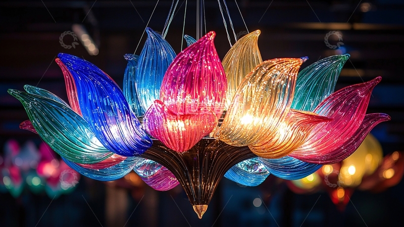 高清大图下载【趣麦麦图】彩色玻璃莲花吊灯