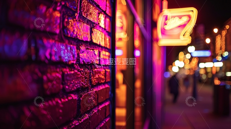 高清大图下载【趣麦麦图】夜晚霓虹灯下的砖墙