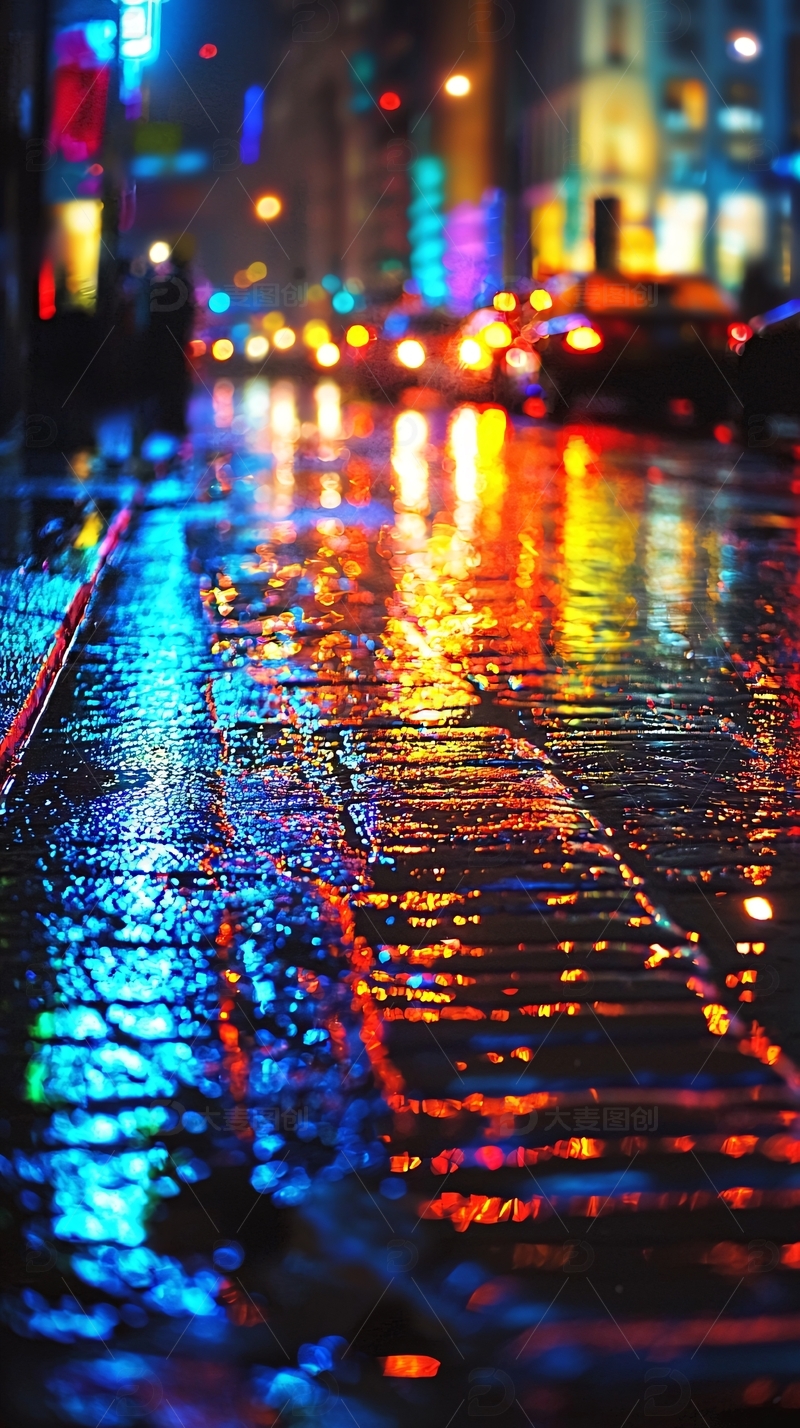 高清大图下载【趣麦麦图】雨夜街道霓虹灯反射