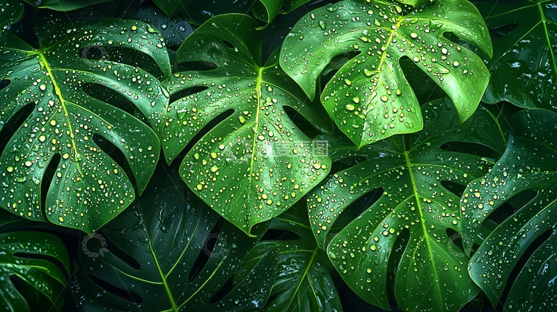 高清大图下载【趣麦麦图】龟背竹叶上的水珠特写