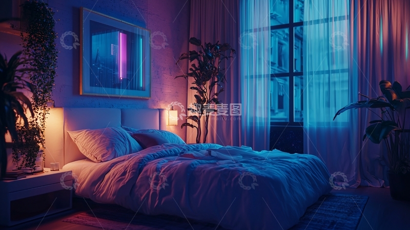高清大图下载【趣麦麦图】紫色霓虹灯卧室夜景