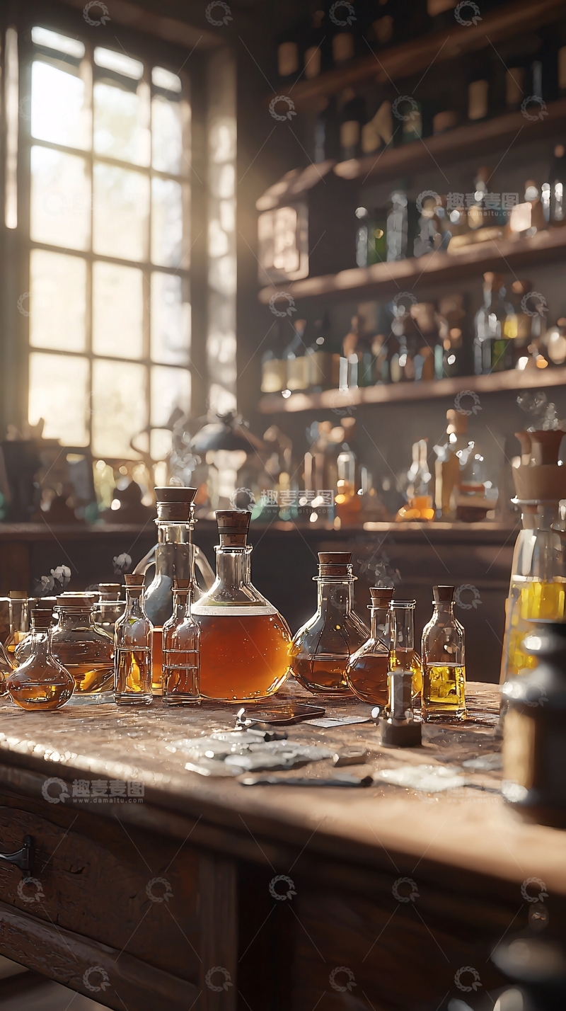 高清大图下载【趣麦麦图】阳光洒进古老药剂室