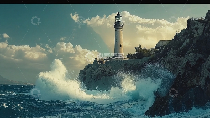 高清大图下载【趣麦麦图】海边灯塔巨浪拍岸
