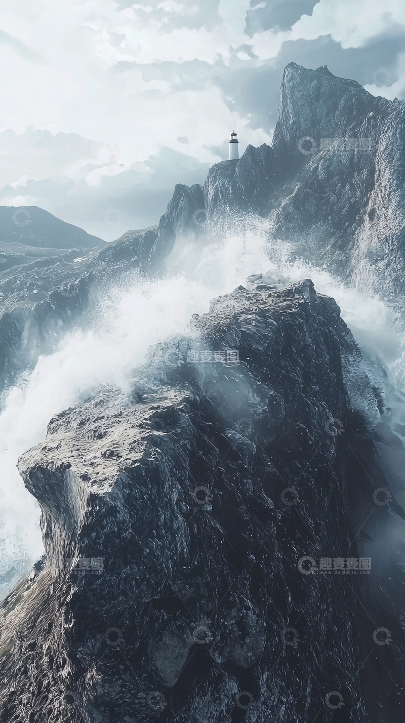 高清大图下载【趣麦麦图】海浪拍打悬崖峭壁上的灯塔