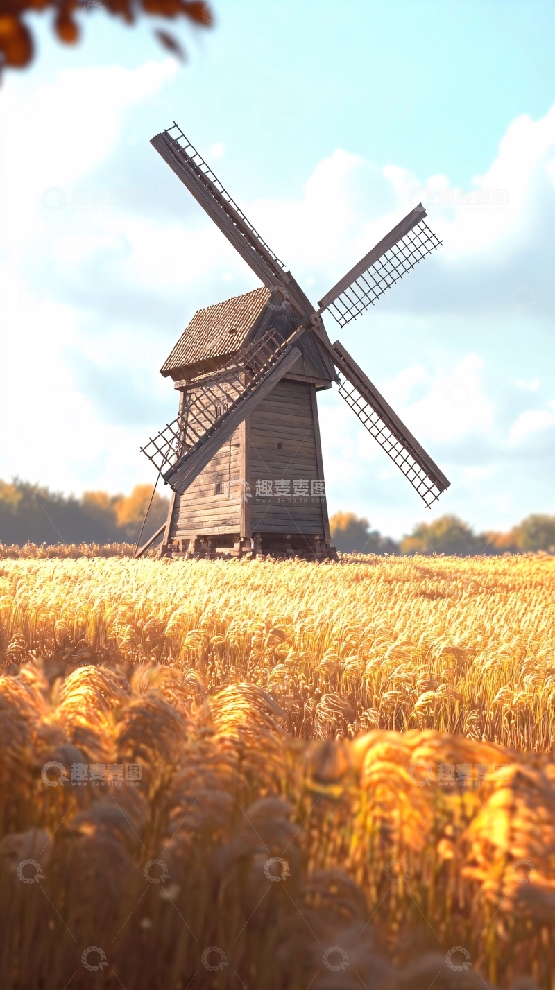 高清大图下载【趣麦麦图】秋日麦田里的古老木制风车