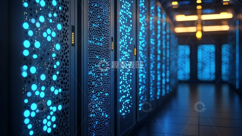 高清大图下载【趣麦麦图】蓝色灯光下的服务器机房