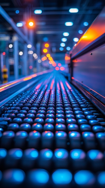 蓝色灯光下的滚筒输送带