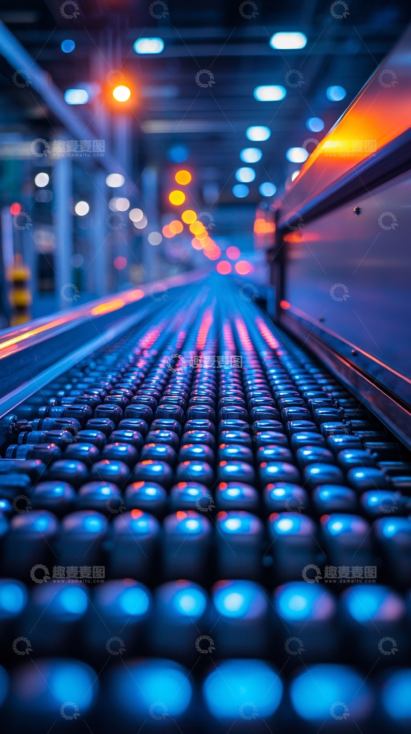 高清大图下载【趣麦麦图】蓝色灯光下的滚筒输送带