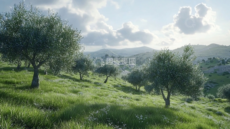 高清大图下载【趣麦麦图】阳光下的橄榄树坡地
