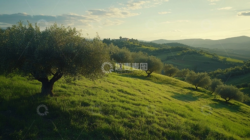 高清大图下载【趣麦麦图】夕阳下的橄榄树山坡