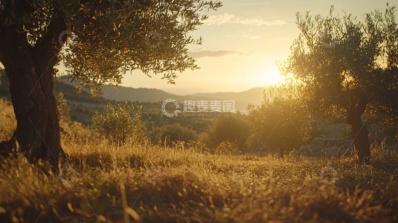 高清大图下载【趣麦麦图】夕阳下的橄榄树田园风光