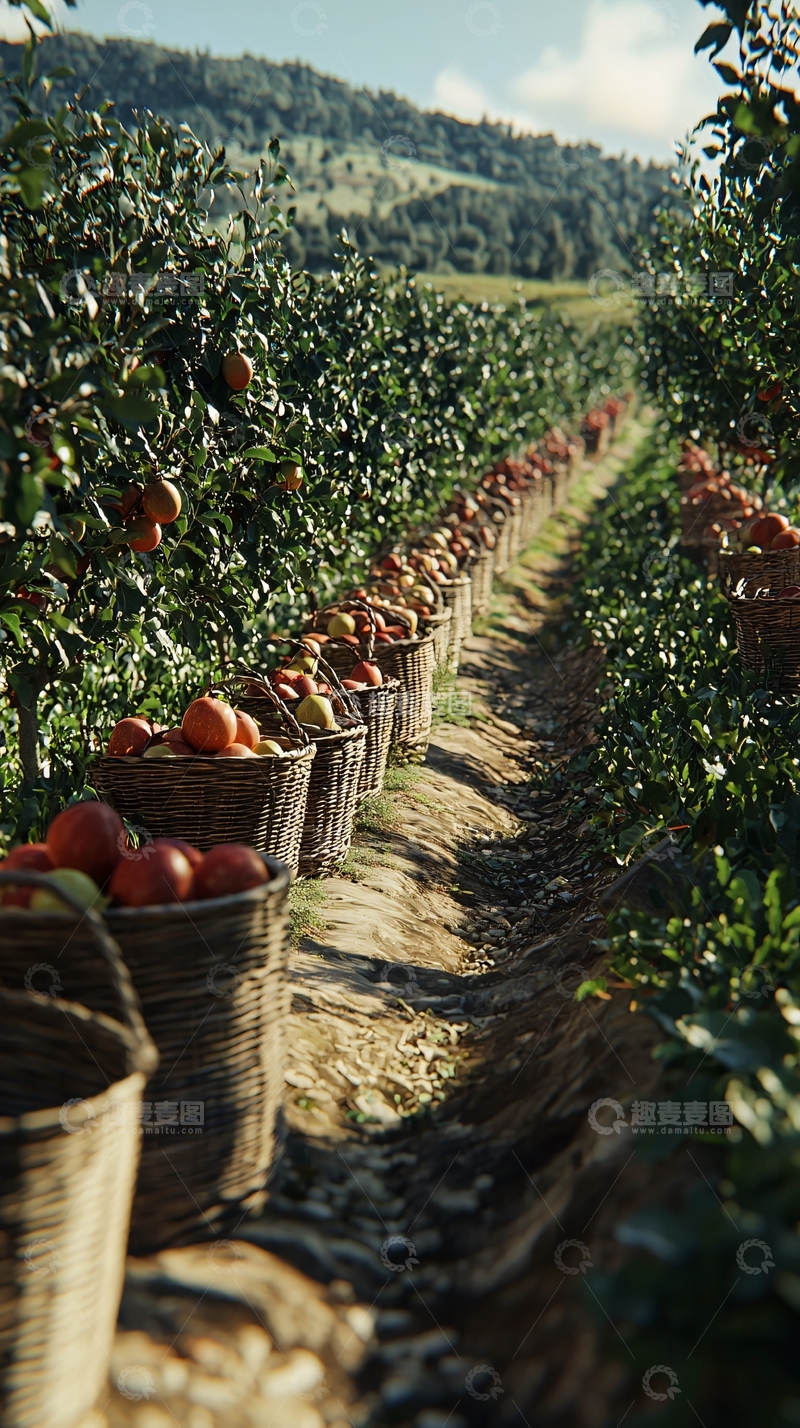 高清大图下载【趣麦麦图】果园小路上的采摘篮