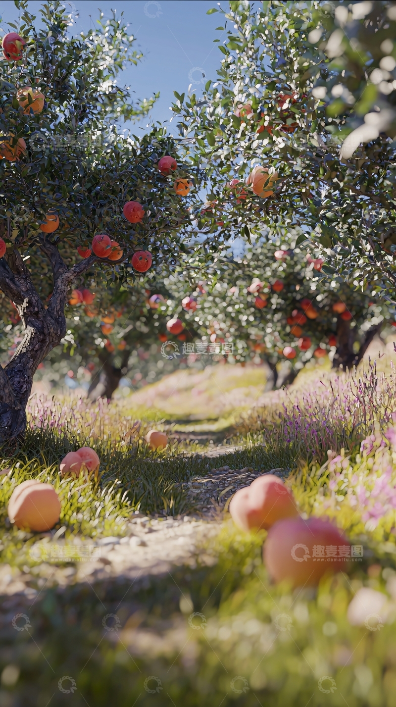 高清大图下载【趣麦麦图】阳光下的桃树林小路