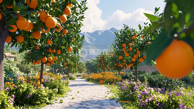 高清大图下载【趣麦麦图】阳光下的橙子树果园小路
