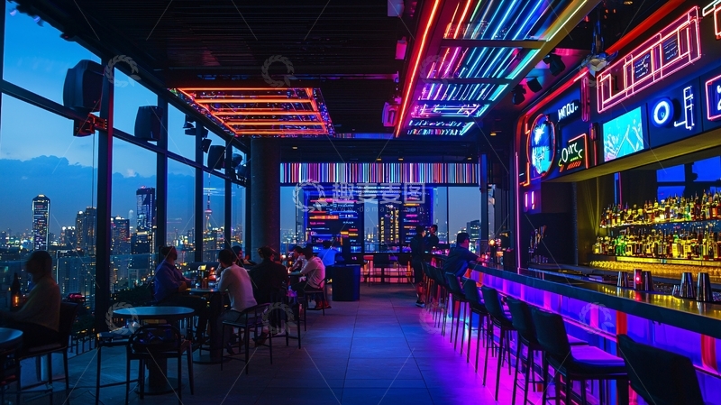 高清大图下载【趣麦麦图】霓虹灯下的高空酒吧