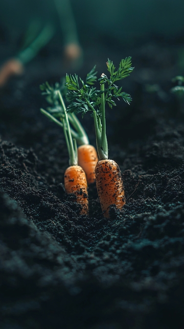 泥土中刚发芽的胡萝卜