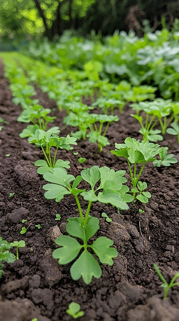 土壤里生长的嫩绿香菜苗