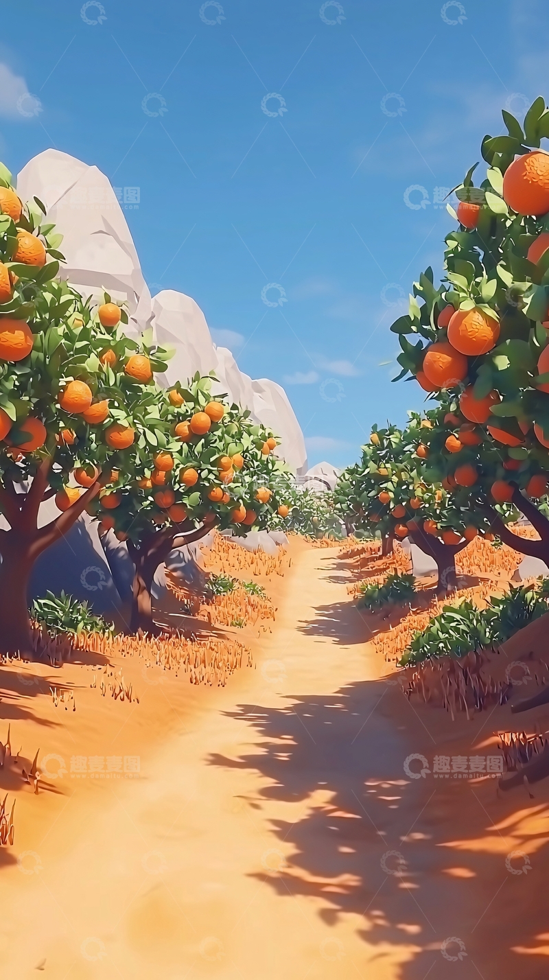 高清大图下载【趣麦麦图】阳光下的橘子树林小路