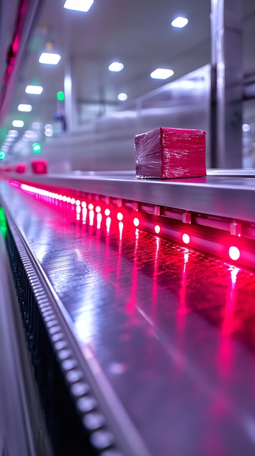 红色包裹在传送带上运动