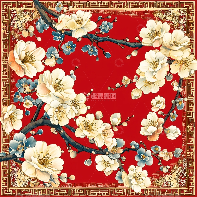 高清大图下载【趣麦麦图】红色背景上的白色梅花