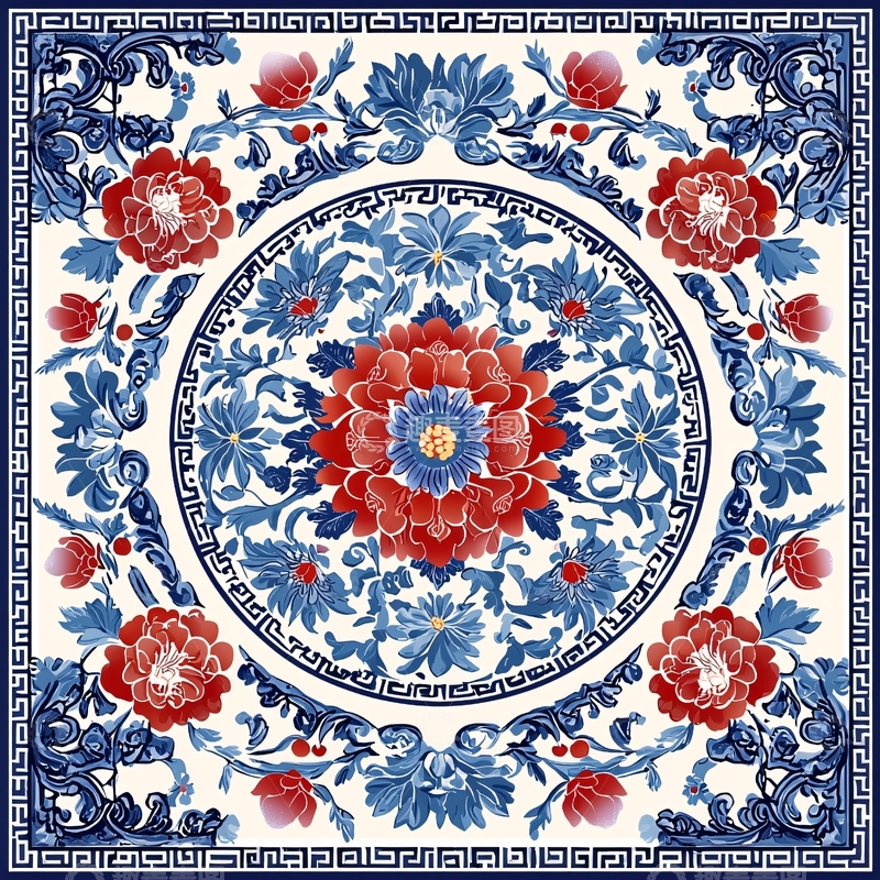 高清大图下载【趣麦麦图】蓝色红色相间花卉图案