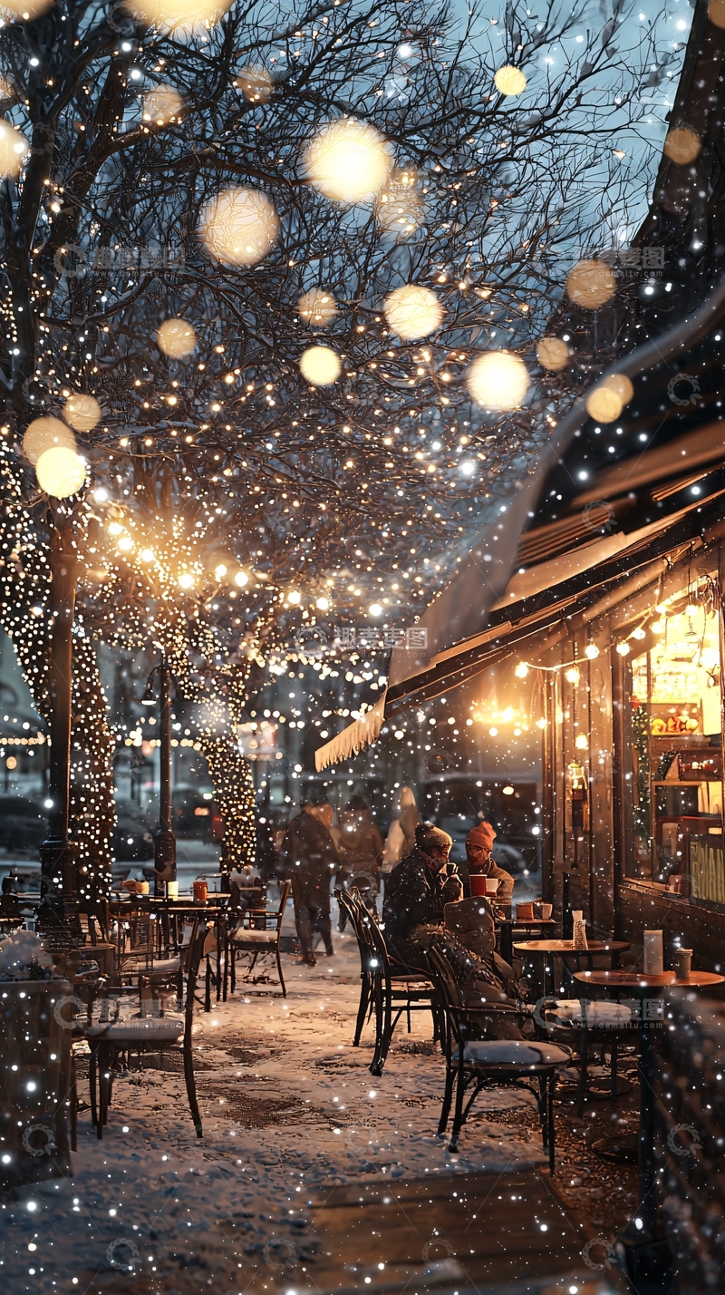高清大图下载【趣麦麦图】冬夜咖啡馆雪景