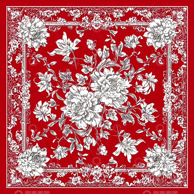 高清大图下载【趣麦麦图】红色背景上的白色花卉图案
