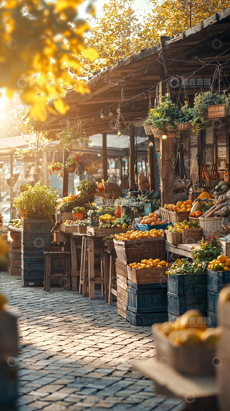 高清大图下载【趣麦麦图】秋日阳光下的水果市场