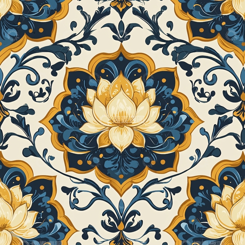 高清大图下载【趣麦麦图】蓝金色莲花纹理图案