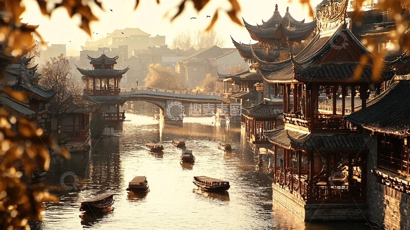 高清大图下载【趣麦麦图】秋日古镇水乡景色